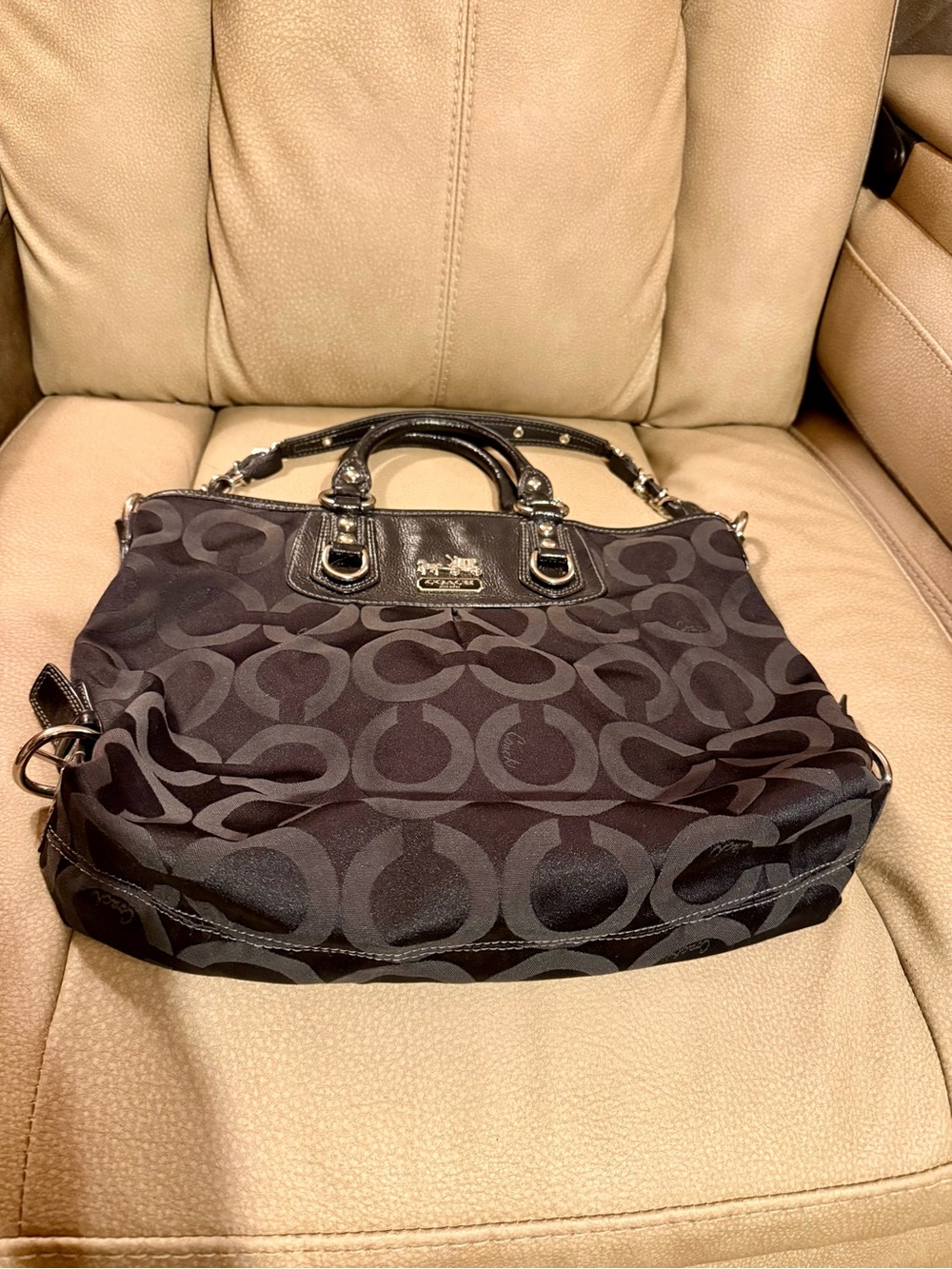 Coach Black Signature Canvas Tote with Patent Leather Trim
